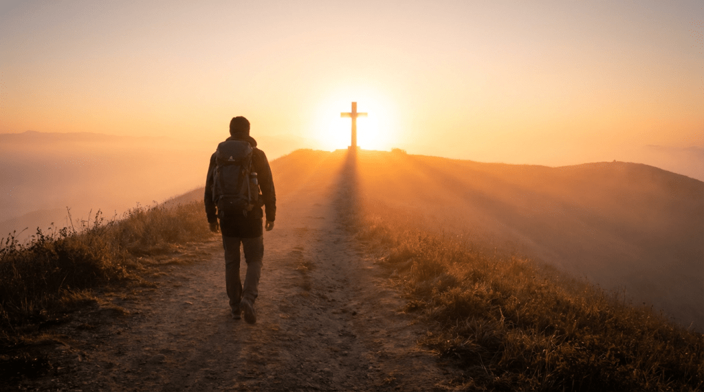 Person walking toward light cross sunrise