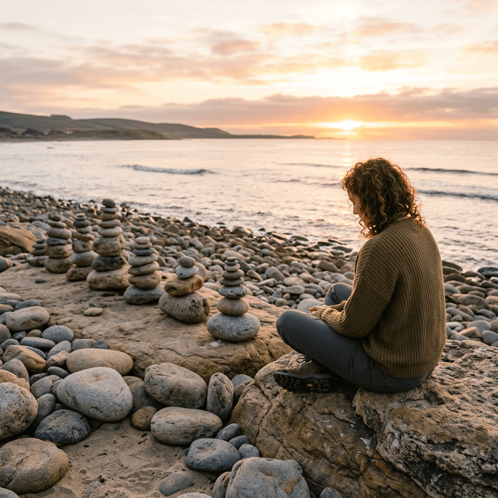 Person sitting on rocks near ocean with sunset and balanced stone stacks