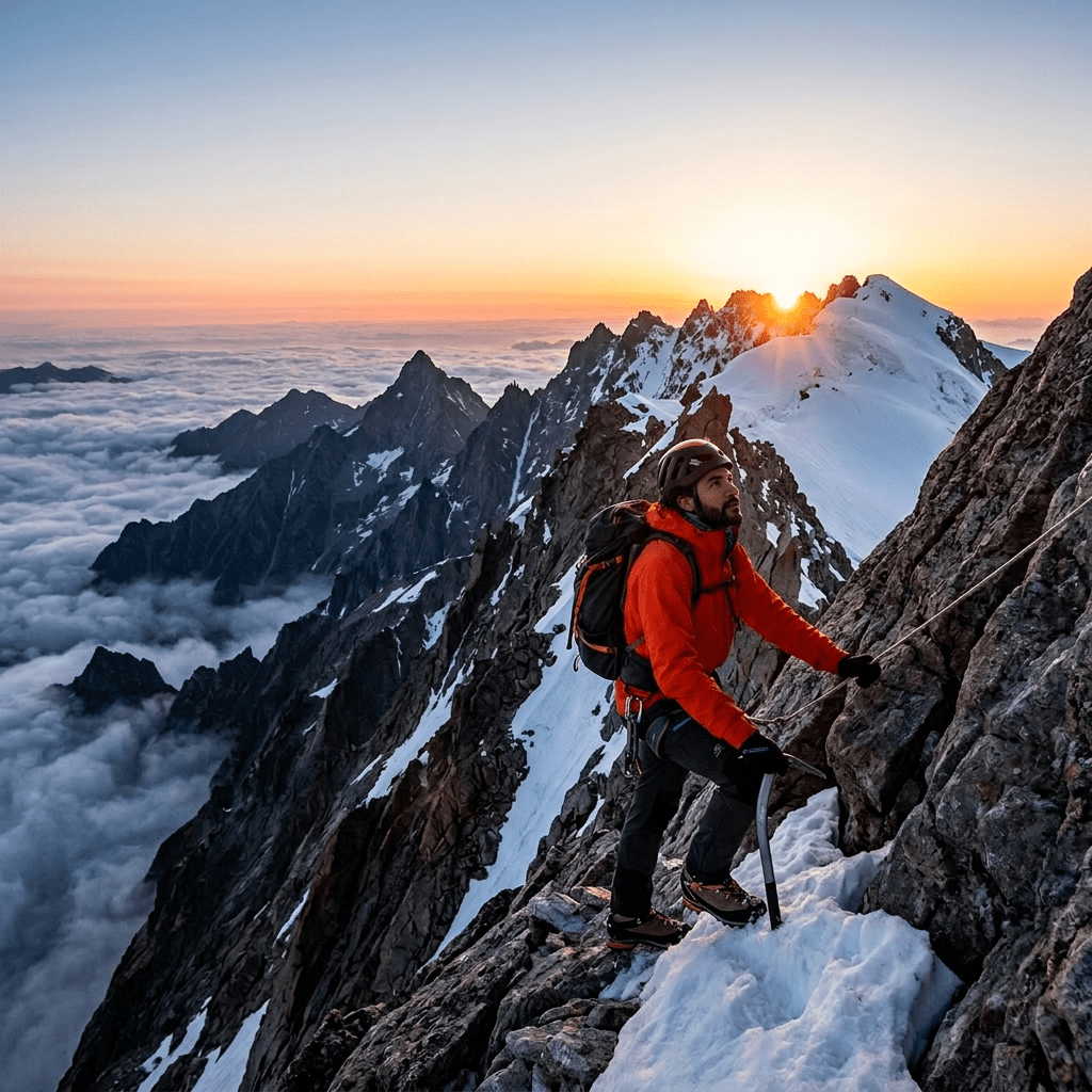 Mountain climber wearing orange jacket and helmet using rope on snowy rocky mountain ridge at sunrise