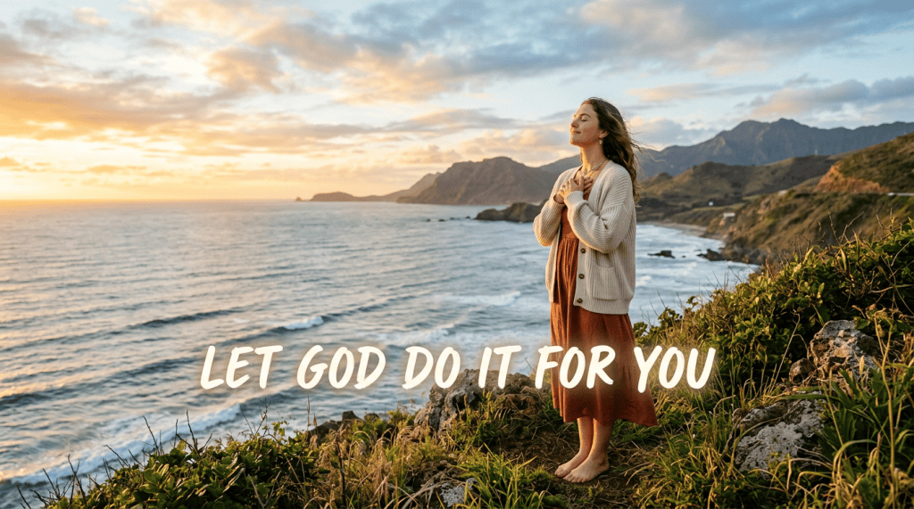 Woman standing on coastal cliffs with text, “LET GOD DO IT FOR YOU”
