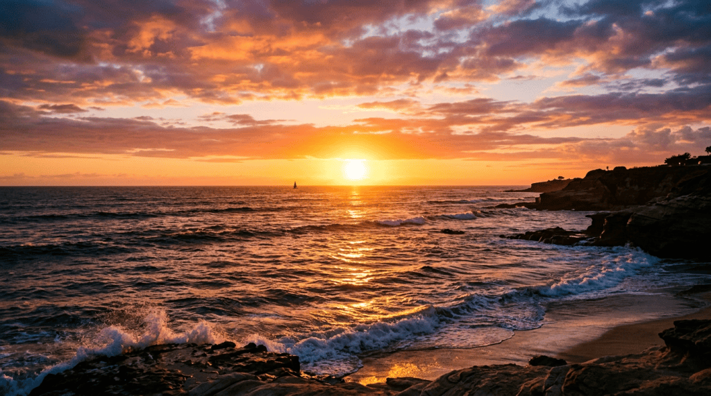 Sunset over ocean waves beside a rocky coastline and beach